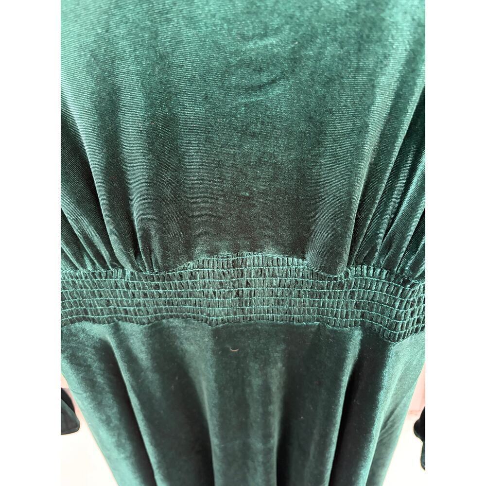 Emerald Green Velvet Dress • V-Neck• Smocked Waist • Bell Sleeve • Romantic Boho - Picture 3 of 10